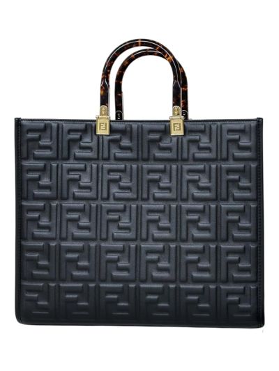 Fendi Black FF Embossed Medium Sunshine Shopper Tote Bag A8597L