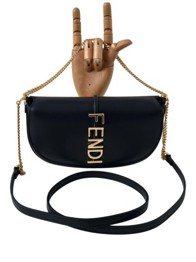 Fendi Fendigraphy Wallet on Chain Shoulder Bag Black Leather A8687