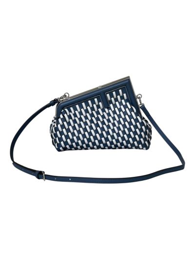 Fendi First Small Clutch Shoulder Bag Blue White Woven Leather A80103