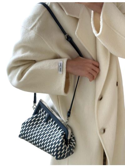 Fendi First Small Clutch Shoulder Bag Blue White Woven Leather A80103 Blue 2523585