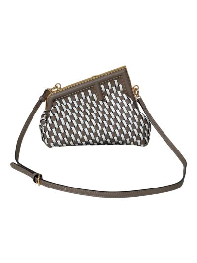 Fendi First Small Clutch Shoulder Bag Gray White Woven Leather A80103