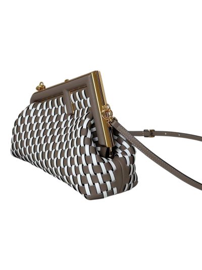 Fendi First Small Clutch Shoulder Bag Gray White Woven Leather A80103 Gray 2523584
