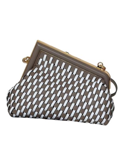 Fendi First Small Clutch Shoulder Bag Gray White Woven Leather A80103 Gray 2523584