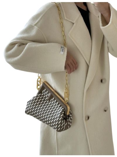 Fendi First Small Clutch Shoulder Bag Gray White Woven Leather A80103 Gray 2523584