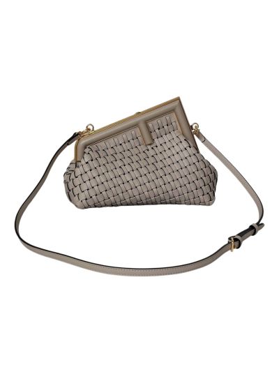 Fendi First Small Clutch Shoulder Bag Gray Woven Leather A80103