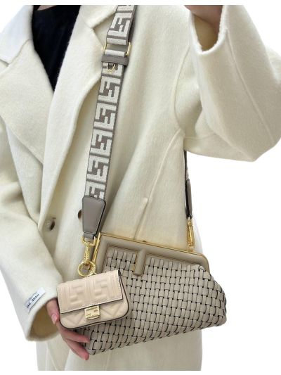 Fendi First Small Clutch Shoulder Bag Gray Woven Leather A80103 Gray 2523583