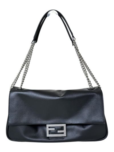 Fendi Large Baguette Chain Black Leather Shoulder Crossbody Bag A8669