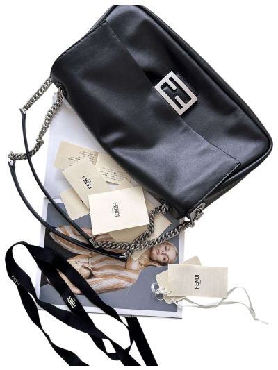 Fendi Large Baguette Chain Black Leather Shoulder Crossbody Bag A8669 Black 2523697