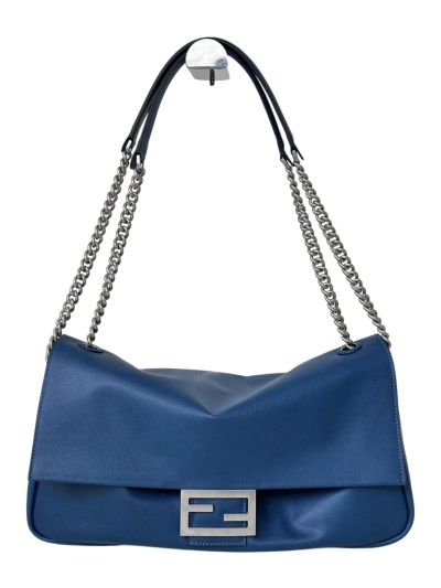 Fendi Large Baguette Chain Blue Leather Shoulder Crossbody Bag A8669