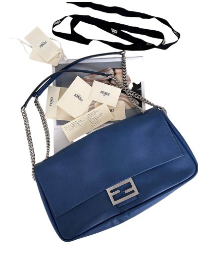 Fendi Large Baguette Chain Blue Leather Shoulder Crossbody Bag A8669 Blue 2523698