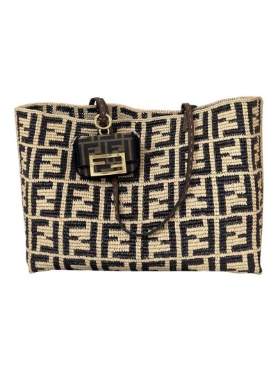 Fendi Large Roll Brown FF Raffia Crochet Shopper Bag with Pouch 8659L