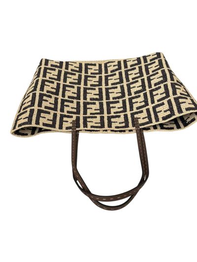 Fendi Large Roll Brown FF Raffia Crochet Shopper Bag with Pouch 8659L Brown 2523750