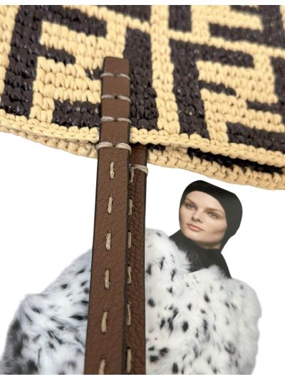 Fendi Large Roll Brown FF Raffia Crochet Shopper Bag with Pouch 8659L Brown 2523750
