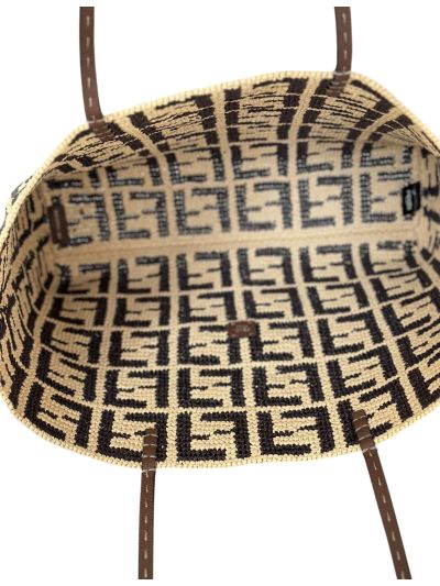 Fendi Large Roll Brown FF Raffia Crochet Shopper Bag with Pouch 8659L Brown 2523750