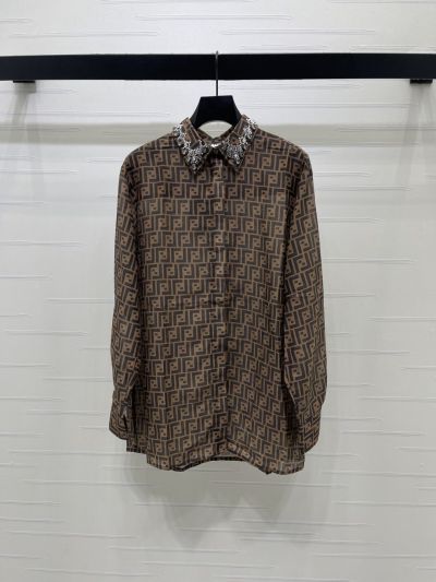 Fendi Long Sleeve Monogram Shirt in Brown and Beige