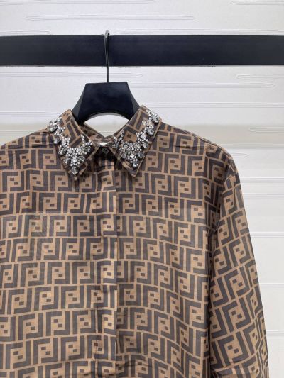 Fendi Long Sleeve Monogram Shirt in Brown and Beige