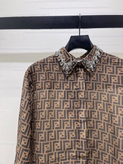 Fendi Long Sleeve Monogram Shirt in Brown and Beige