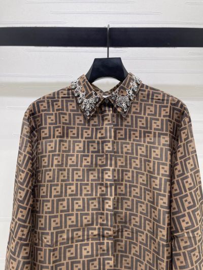 Fendi Long Sleeve Monogram Shirt in Brown and Beige