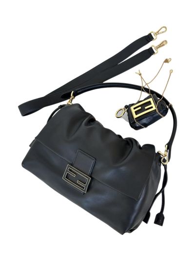 Fendi Mamma Baguette Large Shoulder Crossbody Bag Black Nappa Leather 8677L
