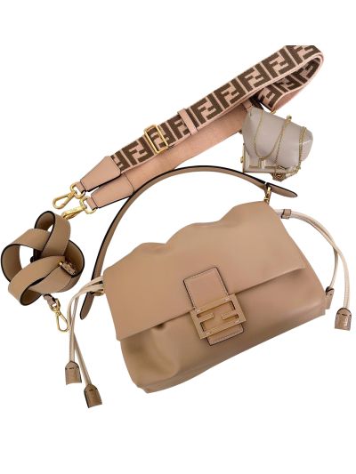 Fendi Mamma Baguette Medium Shoulder Crossbody Bag Beige Nappa Leather