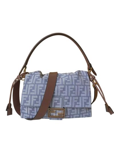 Fendi Mamma Baguette Medium Shoulder Crossbody Bag Denim Blue FF Fabric