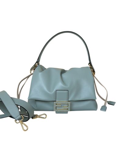 Fendi Mamma Baguette Medium Shoulder Crossbody Bag Light Blue Nappa Leather