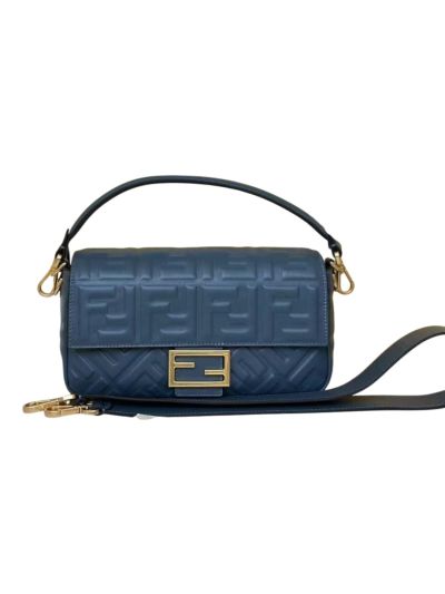Fendi Medium Baguette Navy Blue FF Nappa Leather Shoulder Crossbody Bag 0135AM
