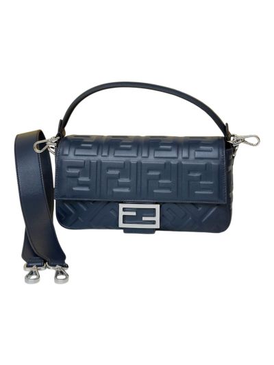 Fendi Medium Baguette Navy Blue FF Nappa Leather Shoulder Crossbody Bag 0135AM