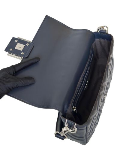 Fendi Medium Baguette Navy Blue FF Nappa Leather Shoulder Crossbody Bag 0135AM Navy 2523604