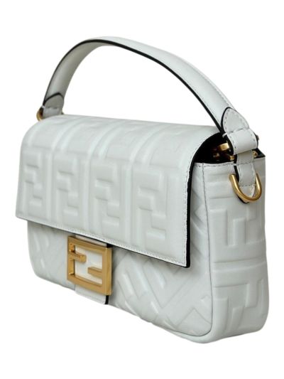 Fendi Medium Baguette White FF Nappa Leather Shoulder Crossbody Bag 0135AM White 2523599