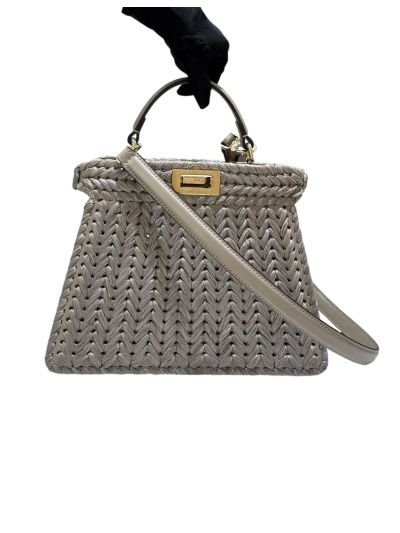 Fendi Medium Peekaboo ISeeU Petite Grey Camellia Braided Leather Bag 80138