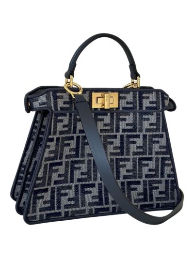 Fendi Medium Peekaboo Tote Shoulder Bag Navy Blue Tapestry Fabric A8670