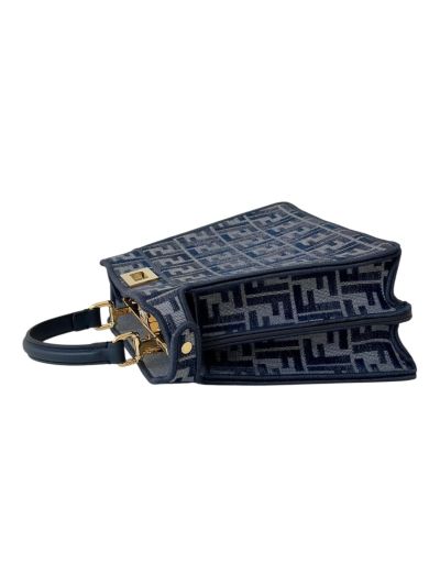 Fendi Medium Peekaboo Tote Shoulder Bag Navy Blue Tapestry Fabric A8670 Navy 2523707
