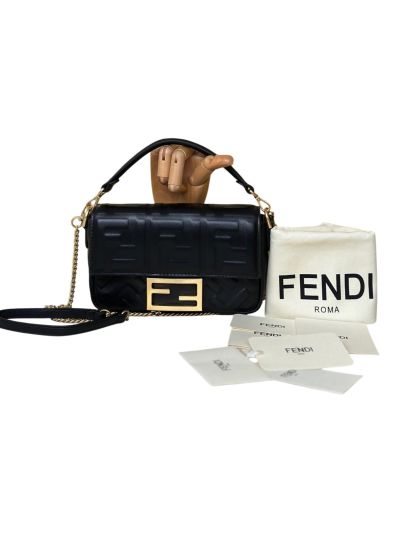 Fendi Mini Baguette Black FF Leather Shoulder Crossbody Bag 0135AS