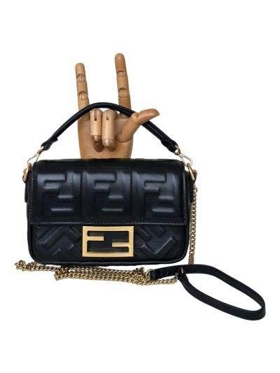 Fendi Mini Baguette Black FF Leather Shoulder Crossbody Bag 0135AS Black 2523551