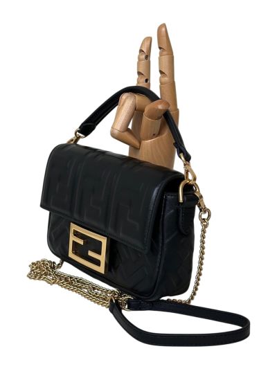 Fendi Mini Baguette Black FF Leather Shoulder Crossbody Bag 0135AS Black 2523551