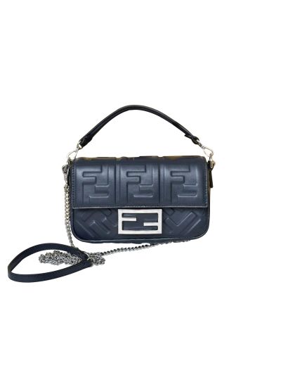 Fendi Mini Baguette Dark Blue FF Leather Shoulder Crossbody Bag 0135AS