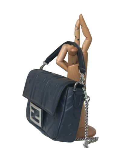 Fendi Mini Baguette Dark Blue FF Leather Shoulder Crossbody Bag 0135AS Blue 2523549