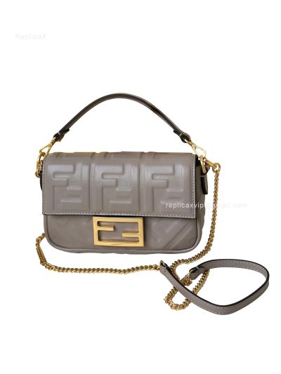 Fendi Mini Baguette Gray FF Leather Shoulder Crossbody Bag 0135AS