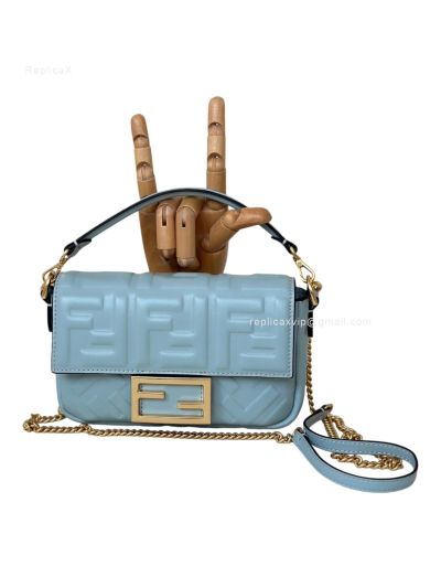 Fendi Mini Baguette Light Blue FF Leather Shoulder Crossbody Bag 0135AS