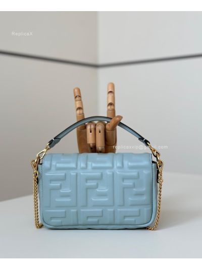 Fendi Mini Baguette Light Blue FF Leather Shoulder Crossbody Bag 0135AS Blue 2523545