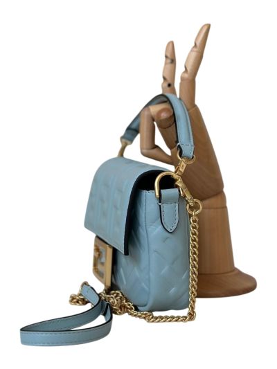 Fendi Mini Baguette Light Blue FF Leather Shoulder Crossbody Bag 0135AS Blue 2523545