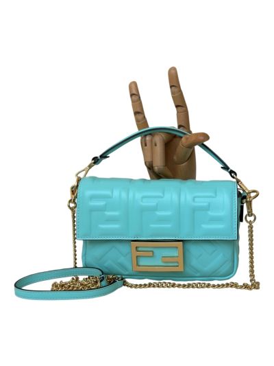 Fendi Mini Baguette Light Blue FF Leather Shoulder Crossbody Bag 0135AS