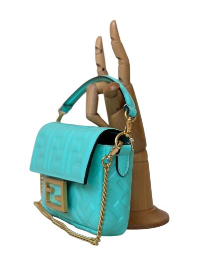 Fendi Mini Baguette Light Blue FF Leather Shoulder Crossbody Bag 0135AS Blue 2523547