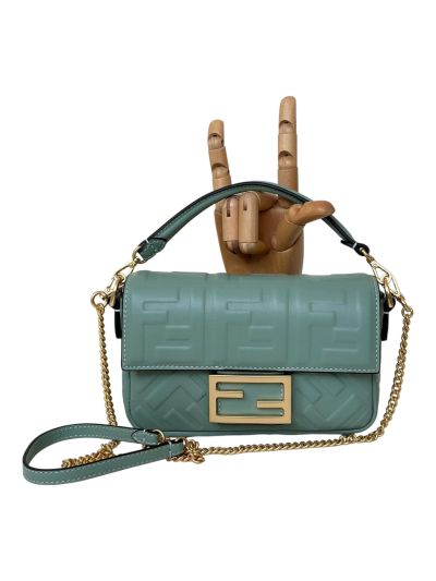 Fendi Mini Baguette Light Blue FF Leather Shoulder Crossbody Bag 0135AS