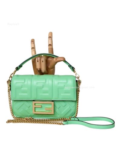 Fendi Mini Baguette Light Green FF Leather Shoulder Crossbody Bag 0135AS