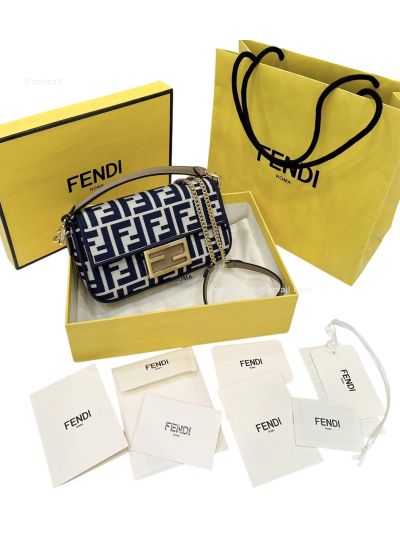Fendi Mini Baguette Navy Blue FF Jacquard Fabric Shoulder Crossbody Bag A8660