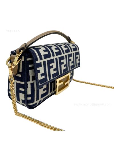 Fendi Mini Baguette Navy Blue FF Jacquard Fabric Shoulder Crossbody Bag A8660 Navy 2523748