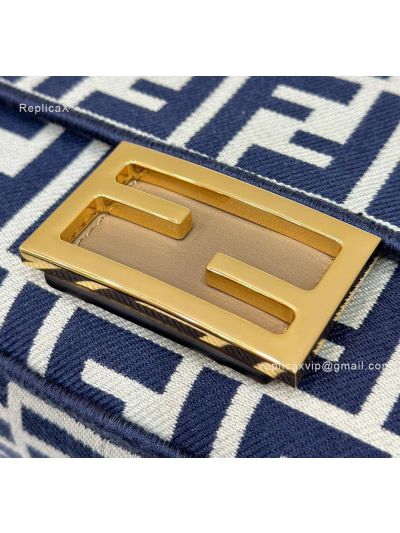 Fendi Mini Baguette Navy Blue FF Jacquard Fabric Shoulder Crossbody Bag A8660 Navy 2523748