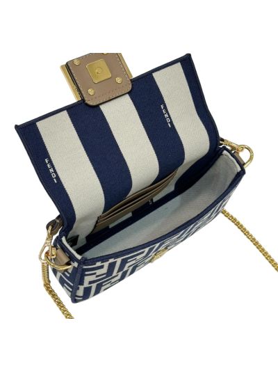 Fendi Mini Baguette Navy Blue FF Jacquard Fabric Shoulder Crossbody Bag A8660 Navy 2523748